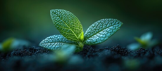 Poster - Green sprout emerging from dark soil with textured leaves illuminated in soft natural light Copy Space