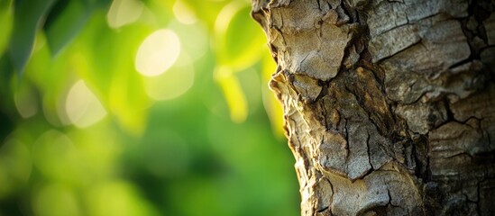 Poster - Textured tree bark with blurred green foliage background and natural light, suitable for nature themes and organic design, Copy Space.