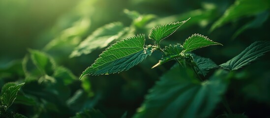 Poster - Close-up of green nettle leaves in natural sunlight with blurred green background Copy Space