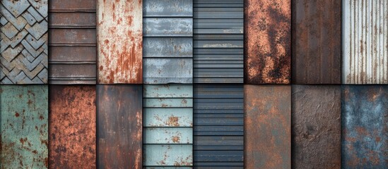 Poster - Collection of various textured metal surfaces displaying rust, corrosion, and wear with different color patterns and finishes Copy Space