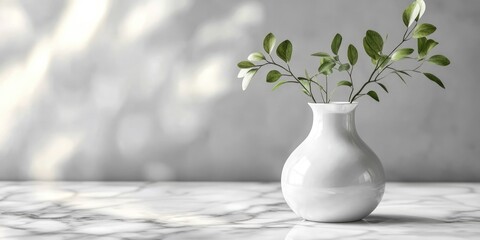Poster - White ceramic vase with green branches on marble table and soft natural light background Copy Space