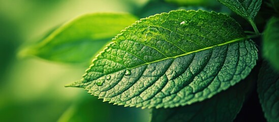 Sticker - Close-up of a green leaf with water droplets on its surface detailed texture and a blurred green background ideal for nature themes Copy Space