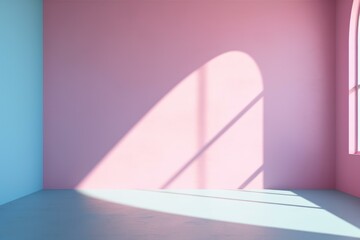 Poster - Empty room with pastel pink and blue walls illuminated by sunlight from arched window