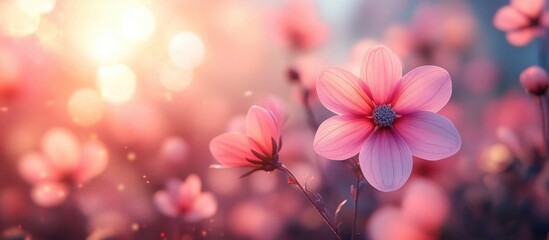 Poster - Delicate pink flowers in a soft-focus background with bokeh effect and warm light Copy Space