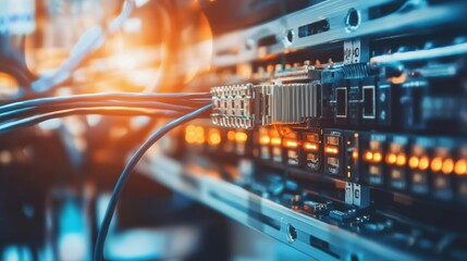 Poster - Close up of network cables connecting to a server rack in a data center, highlighting the complex infrastructure supporting innovative production processes