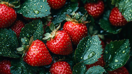 Fototapete - Ripe, red strawberries covered in dew drops sit nestled among vibrant green leaves in a serene garden environment