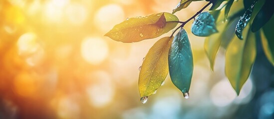 Poster - Water droplets on vibrant green and yellow leaves with soft bokeh background and warm sunlight Copy Space