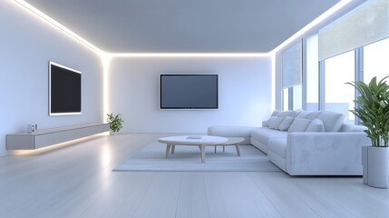 Poster - A modern AI-controlled living room showcasing futuristic smart home technology.