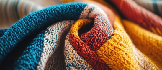 Poster - Colorful knitted blanket with textured patterns in blue, orange, and yellow tones, partially rolled fabric, Copy Space