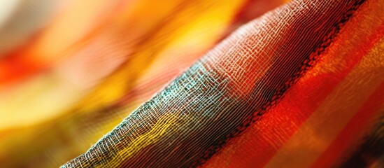 Poster - Close-up of colorful fabric texture in vibrant shades of orange, red, and blue with detailed woven pattern and soft lighting Copy Space