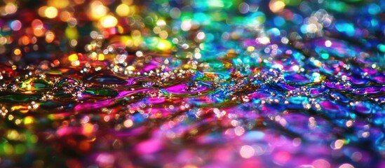 Poster - Colorful abstract background with water droplets on shiny surface creating a bokeh effect Copy Space