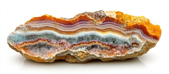 Poster - colorful layered agate mineral stone with various bands of orange, red, blue, and gray hues on a whi