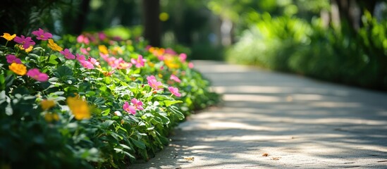 Poster - Colorful flowers lining a pathway in a sunny garden with blurred background and ample copy space for text.