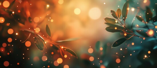 Poster - Blurred background with colorful bokeh lights and green leaves in foreground suitable for various design projects with Copy Space