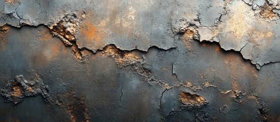 Poster - Textured abstract surface with cracks, peeling paint and rust, showcasing weathered blue and orange color palette, ideal for background design. Copy Space