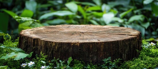 Poster - Wooden tree stump surrounded by lush green foliage and small flowers in a natural setting with Copy Space