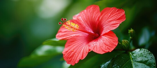 Poster - Red hibiscus flower with green leaves background and water droplets on petals showcasing vibrant colors and natural beauty Copy Space