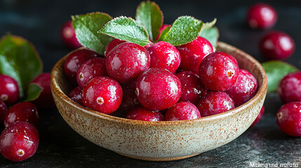 Poster - A bowl filled with glossy cranberries nestled among vibrant green leaves against a dark background, highlighting their freshness and color