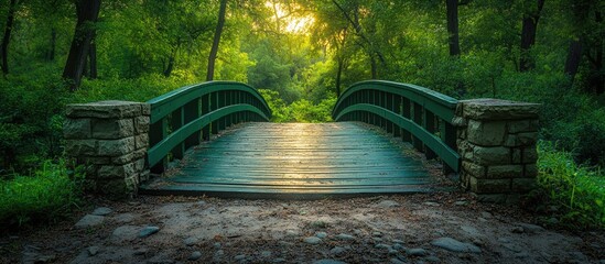 Poster - Green wooden bridge over a small creek in a lush forest during sunset with soft light filtering through the trees Copy Space