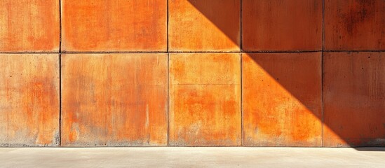 Fototapete - Abstract textured orange concrete wall with distinct panels and dramatic shadow pattern on light floor Copy Space