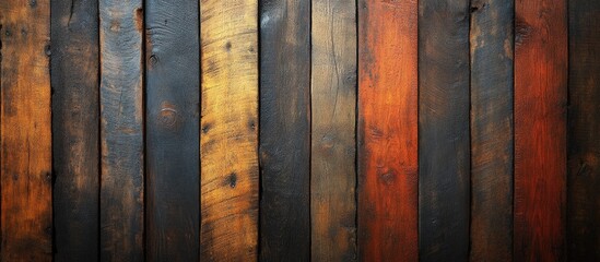 Poster - Wooden texture background with various shades of brown, orange, and black planks arranged vertically, suitable for design projects, Copy Space