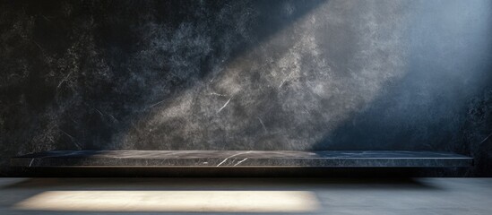 Fototapete - Dark textured wall with a horizontal marble shelf illuminated by soft light beams showcasing minimalist interior design Copy Space