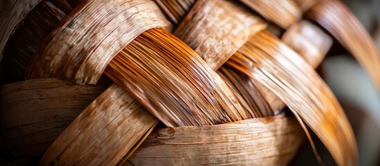 Poster - Close-up of intricately woven natural fibers showcasing texture and craftsmanship with warm tones and soft background Copy Space
