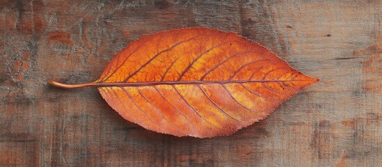 Poster - Autumn orange leaf on textured wooden background with copy space for text placement