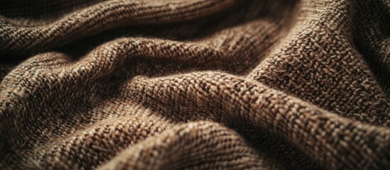 Poster - Close-up view of textured brown knit fabric with soft folds and drapes suitable for textile backgrounds and fashion designs Copy Space