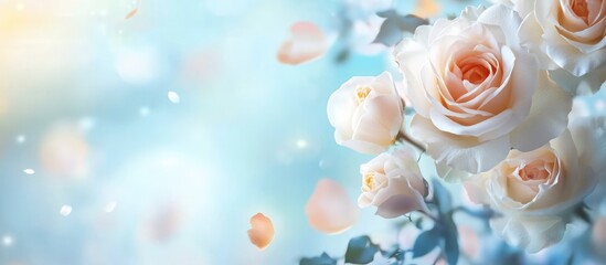 Poster - Soft focus background with light blue and pastel tones featuring blooming roses with falling petals and ample copy space