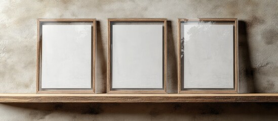  - Empty wooden photo frames on a shelf against a textured wall background with copy space for personalization or design elements.