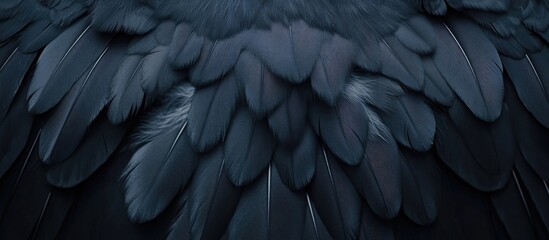 Poster - Dark feathers close-up texture background with details and variations in shades of blue and gray Copy Space
