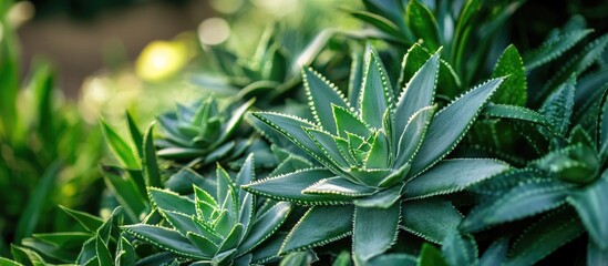 Poster - Close-up of vibrant green succulent plants with sharp edges and layered leaves in natural sunlight Copy Space