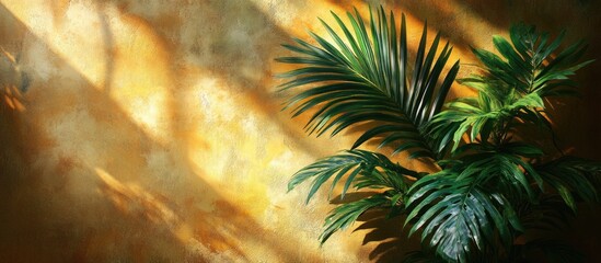 Poster - Green tropical plant with large leaves against a textured yellow wall casting shadows in warm sunlight Copy Space