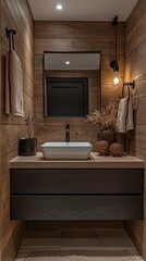 Aufkleber - Warm wood panels create a cozy vibe in this modern rustic bathroom, complementing elegant decor like a sleek basin, soft towels, and stylish lighting fixtures for tranquil daily rituals