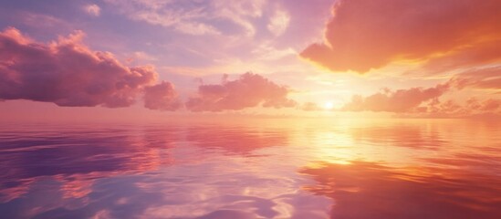 Poster - Sunset over calm ocean with colorful clouds reflecting on water surface Copy Space