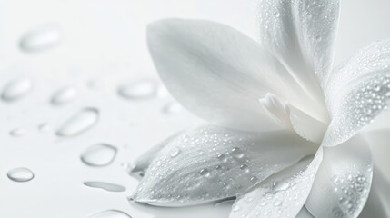 Poster - Close-up of a white flower with water droplets on a light background and soft focus, ideal for minimalistic designs and layouts Copy Space