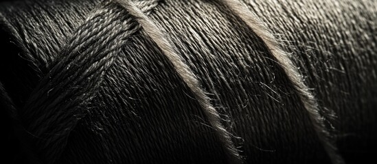 Poster - Close-up view of twisted black thread or yarn texture with highlights and shadows suitable for textile or craft backgrounds Copy Space