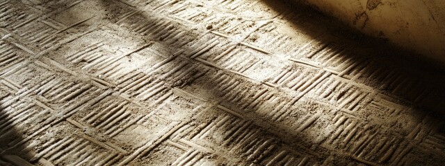 Poster - Textured flooring with shadow patterns creating depth on surface in warm lighting. Copy Space