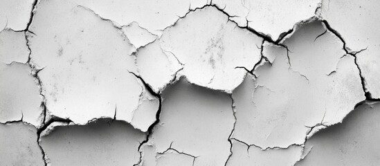 Poster - Cracked white paint texture on wall with deep fissures and peeling layers providing detailed surface pattern Copy Space