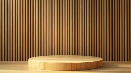 Poster - Wooden display pedestal with vertical wooden slat background showcasing natural textures and tones Copy Space