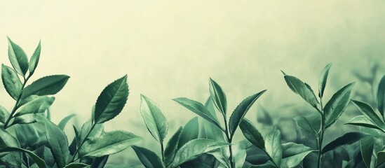 Wall Mural - Green leaves with soft focus background and atmospheric lighting Copy Space