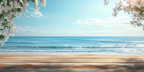 Poster - Tropical beach landscape with ocean waves and flowers framing the scene under blue sky with fluffy clouds Copy Space