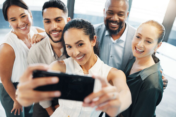 Poster - Selfie, creative and group of friends, office and bonding for collaboration, celebration and social media. Happy, photography and profile picture for people, teamwork and success in company or online