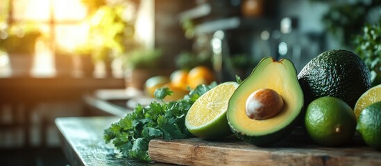 Wall Mural - Fresh avocados limes and cilantro on wooden cutting board with soft sunlight in modern kitchen Copy Space