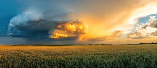 Poster - Dramatic sunset over a golden wheat field with storm clouds gathering in the distance showcasing vibrant colors and expansive landscape Copy Space