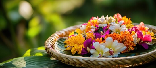Poster - Colorful tropical flower arrangement in a woven basket with green foliage background and natural light Copy Space