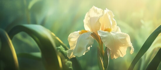 Poster - Delicate white iris flower with yellow accents surrounded by green foliage and soft sunlight, nature close-up, Copy Space