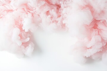 Poster - Translucent clouds of pale pink and white smoke float lightly, creating a gentle border over a pristine white surface, enhancing the tranquil atmosphere with a glowing effect