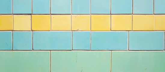 Fototapete - Colorful tile wall background with blue and yellow tiles arranged in a pattern offering Copy Space for text insertion.
